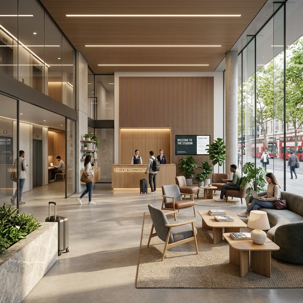 Modern and premium student hostel lobby at Hostello
